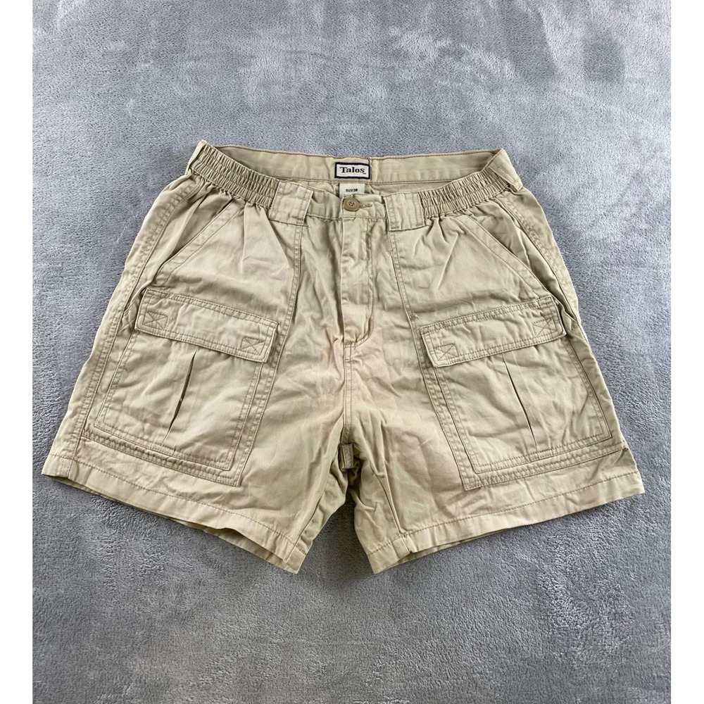 Talos Mens Cargo Shorts Tan Khaki Cotton Elastic Waist Utility Pockets Size 38